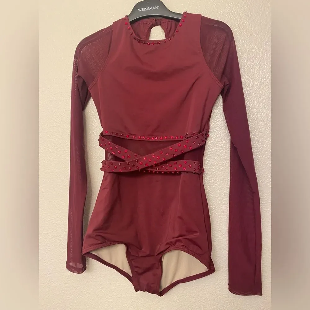 Weissman dance costume burgundy Long Sleeve Crossover Leotard 14812 LC child